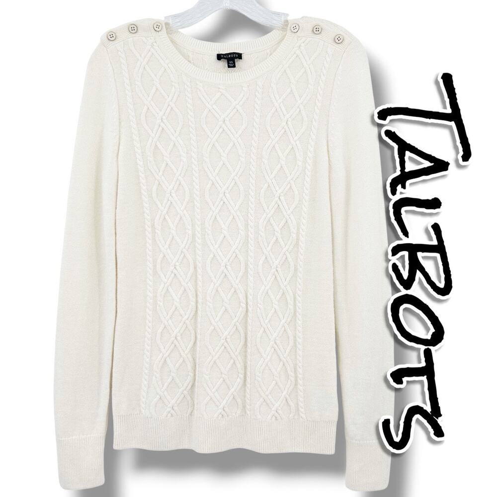 Talbots Cable Knit Lambswool Blend Sweater Ivory Button Shoulder XS Classic